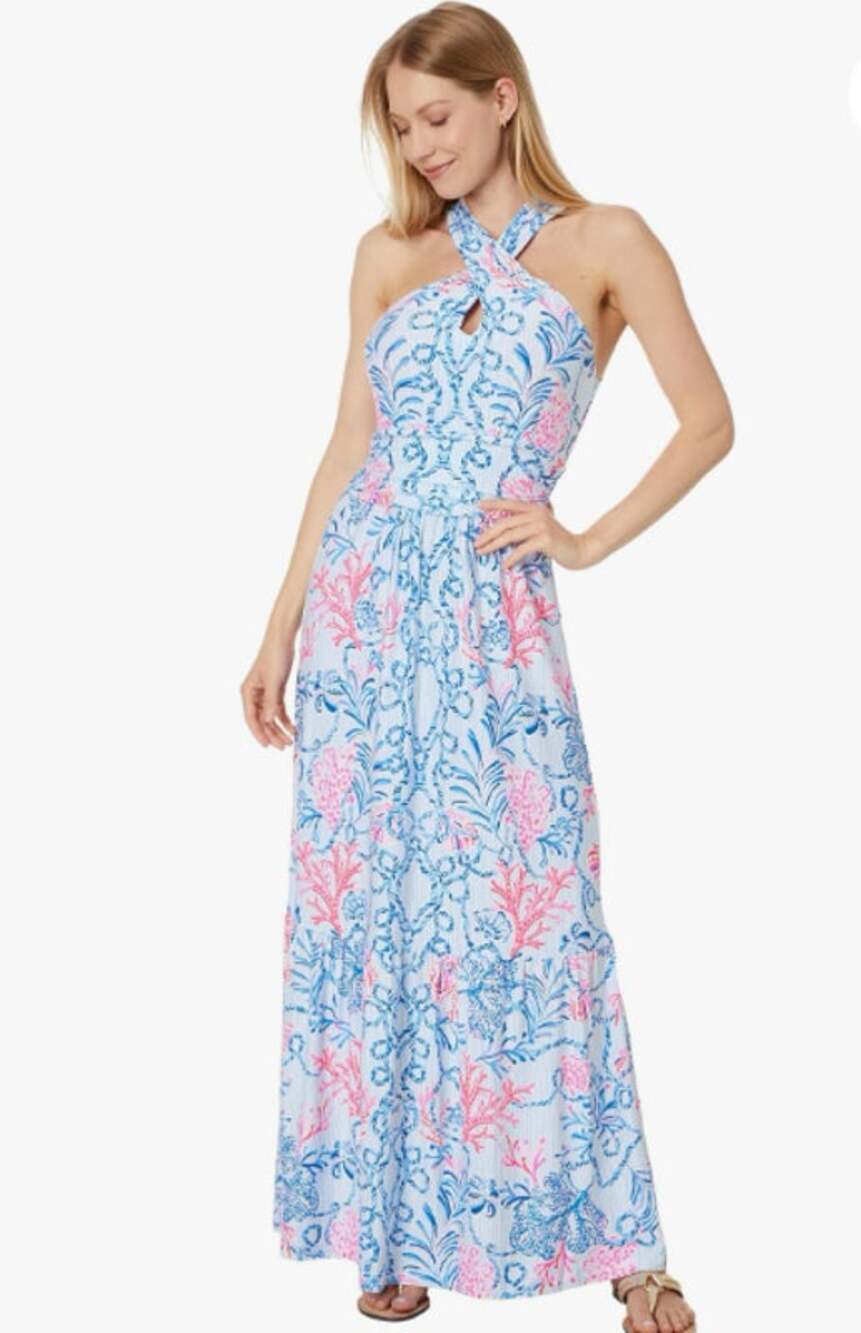LILLY PULITZER Women's Montecito Halter Maxi Dress Large Multi Naut Today NWOT